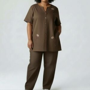 Olive Green Lagen Look 2 piece Green Embroidered Pants Set 18W